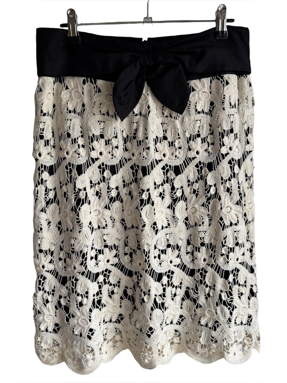 Lil Anthropologie Lace Overlay Skirt Sz 6 Cream Black Silk Boho Crochet Straight